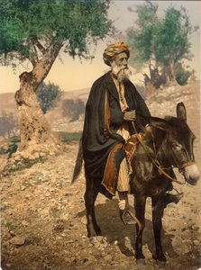 Arab férfi Betlehemből a szamárján, 1880-1900 körül (fotókróm)